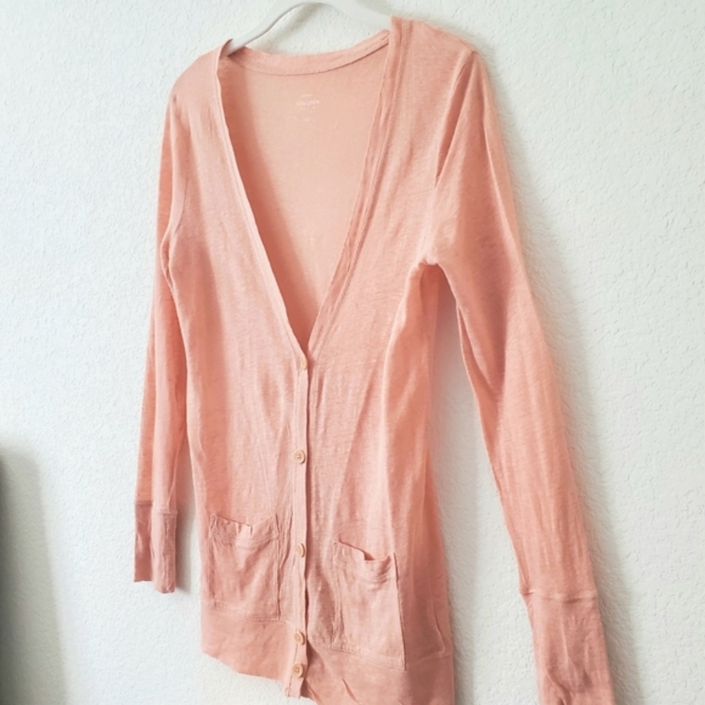 J. Crew 100% Linen Blush Pink Long Boyfriend Cardigan Sweater XS Preppy - Picture 7 of 14